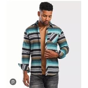 DepartmentWest Men's Striped Flannel Shirt teal black brown button front size L